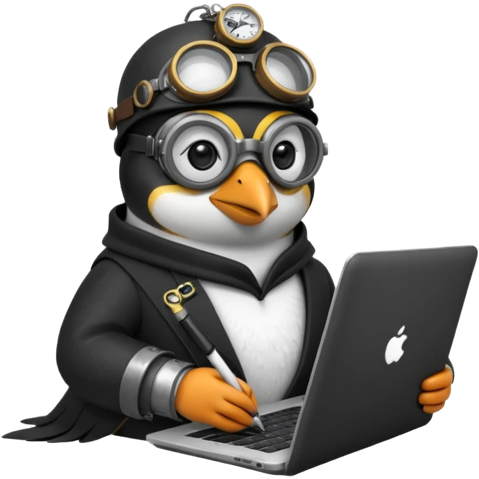 an steampunk engineer penguin writing code on a laptop emoji