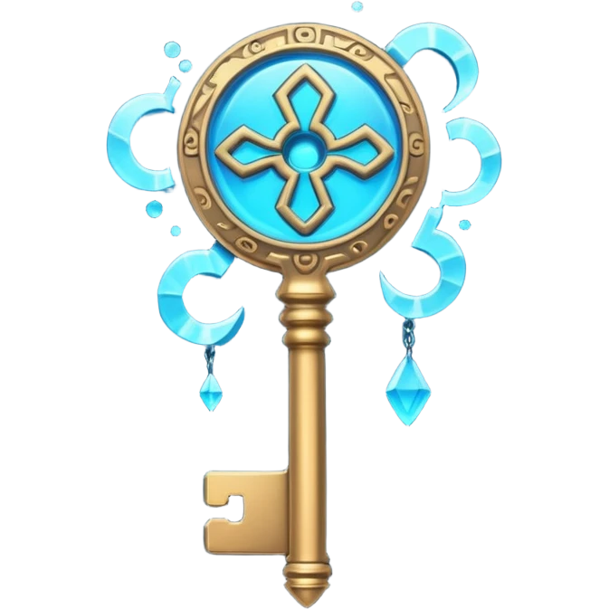 Ancient key glowing blue with runic markings, floating emoji