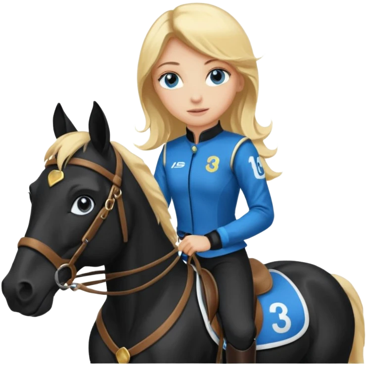 girl racing riding horse wearing racing cloth black with number emoji