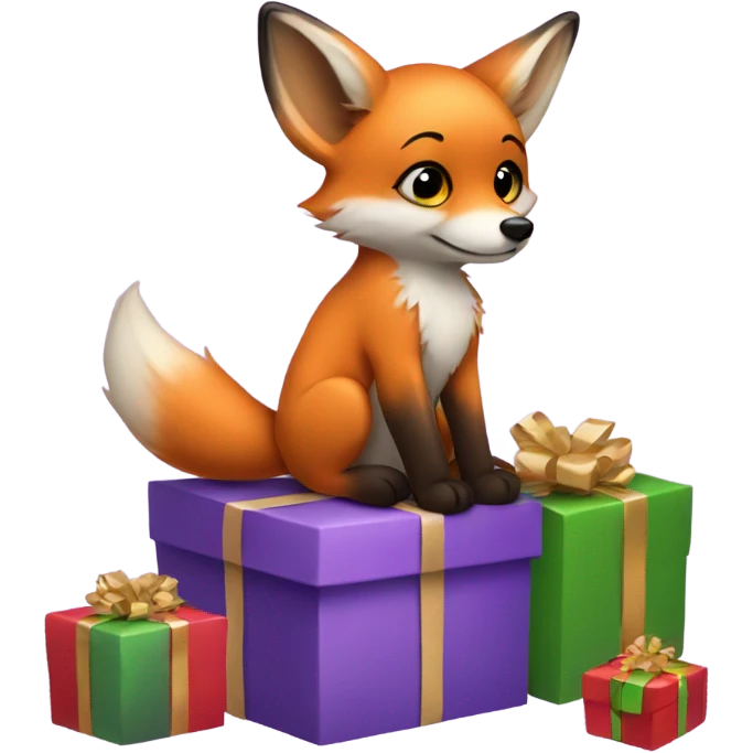 Baby fox sitting next to purple Christmas t presents  emoji