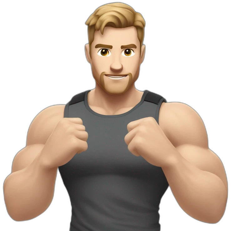 Close up Actively gesturing  with hands Pale skinned Fit Man With the biceps and brown hair in dark gray Sleeveless Mike, black oversize sports shorts, watch and white Sneakers emoji