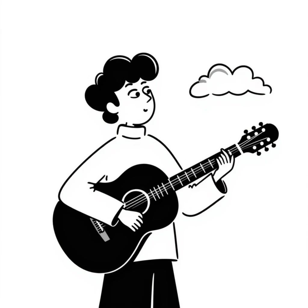 A musician holding a guitar, with a sad expression, looking up at the sky, waiting for an opportunity emoji