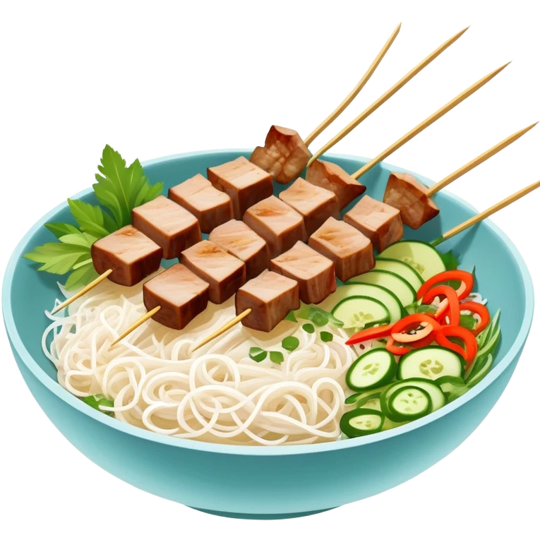 Vietnamese Bún Thịt Nướng with meat specifically grilled on skewers, alongside a bowl of rice vermicelli noodles, herbs and vegetables emoji