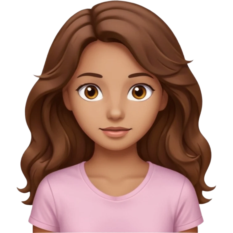 A pretty girl with tan skin and long brown wavy hair, wearing a very light pink basic shirt with brown eyes emoji