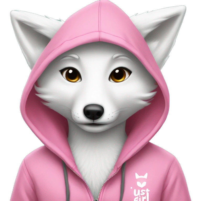 White fox wearing a pink hoodie with pink writing saying just a girl emoji