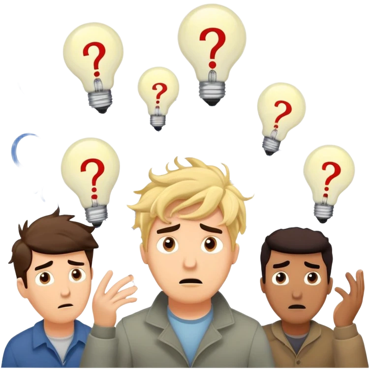 Group of men with chaotic minds, swirling tornadoes of tangled thoughts around their heads, containing question marks, light bulbs, and scribbles. The men have bewildered, overwhelmed expressions. emoji
