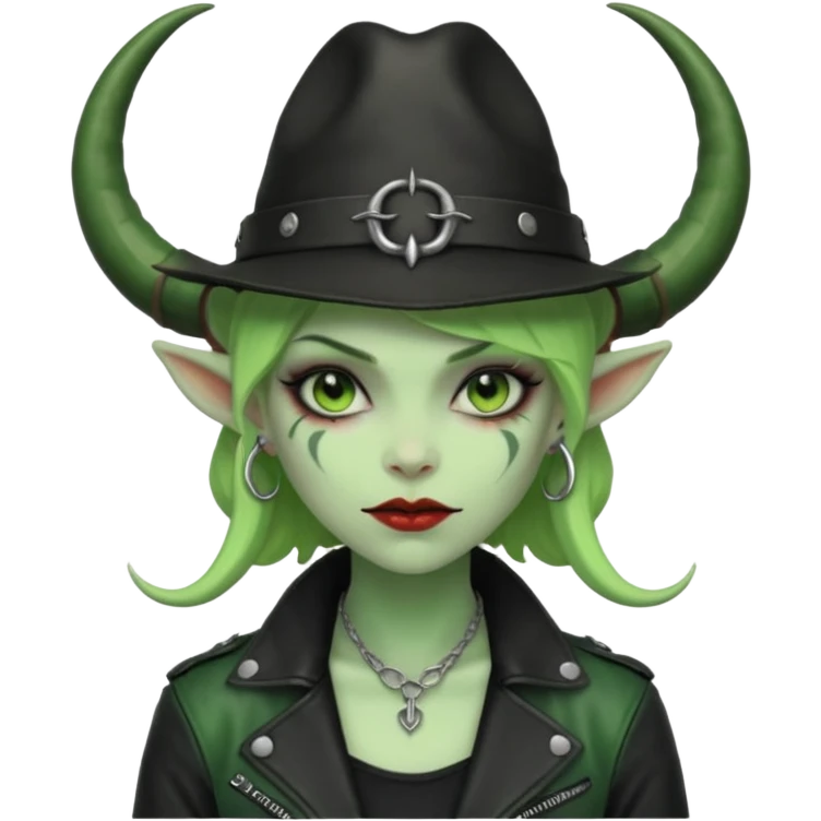 green girl demon with tattoos, hat, jacket and horns emoji
