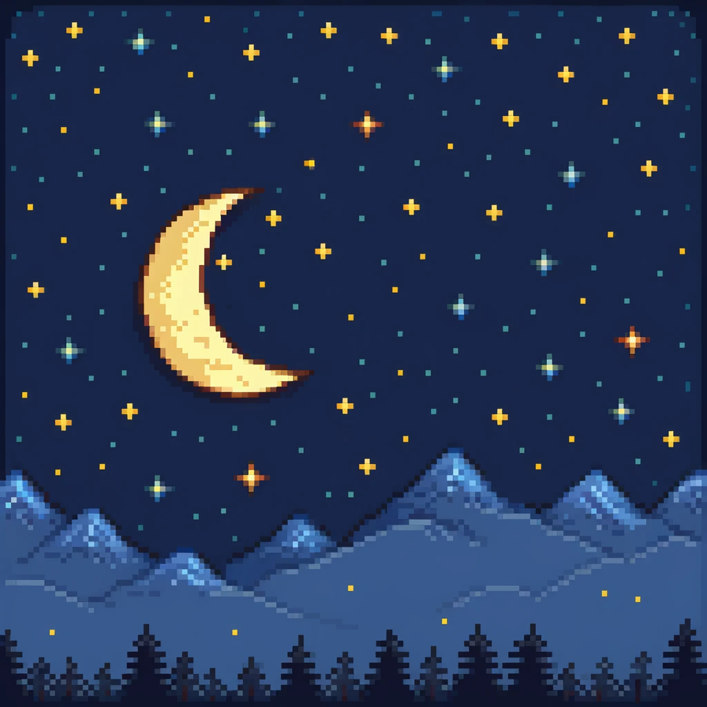 Pixel art starry night sky with twinkling stars and moon emoji