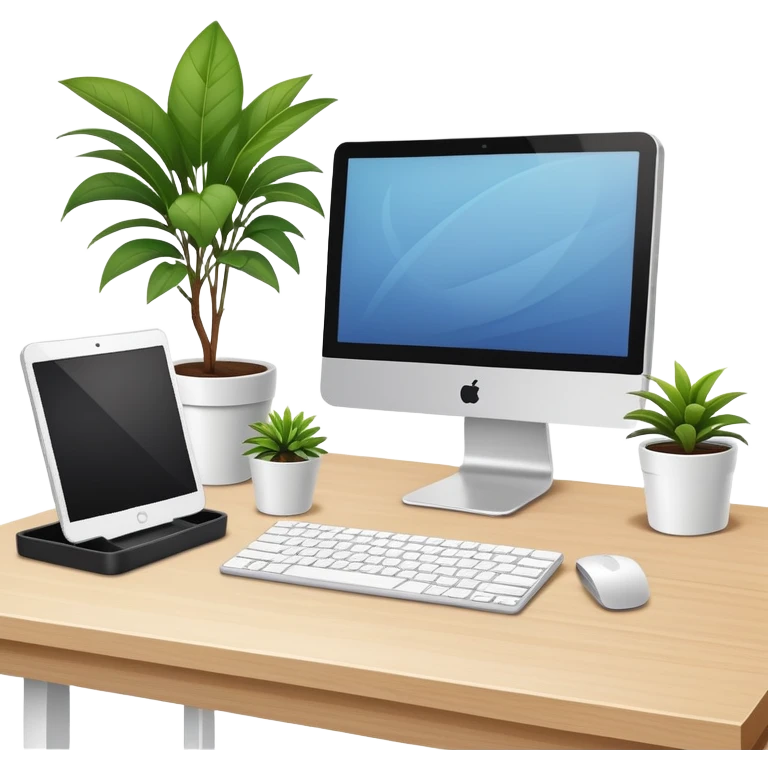 Clean and organized workspace desk with a computer monitor and a small potted plant, minimal clutter, organized office supplies emoji