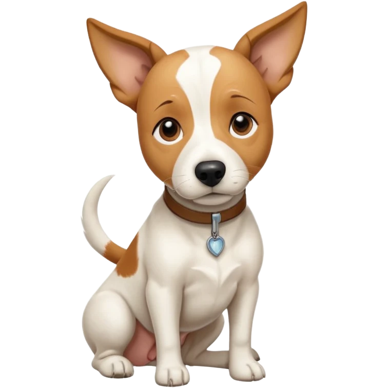 a full body facing front on of a buff white beagle cross jack russell terrier looking dog the size of a kelpie with light brown long ears resting on its face and a light brown patch above one eye and a large snout. the rest of the dog is completely white.  emoji