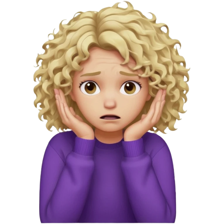 Emoji-style illustration of a frustrated young woman, messy curly tousled blonde hair, wearing a purple sweater, holding her face in her hands, expressing annoyance and disappointment, cartoonish, expressive, simple lines, flat colors, clear silhouette,  emoji