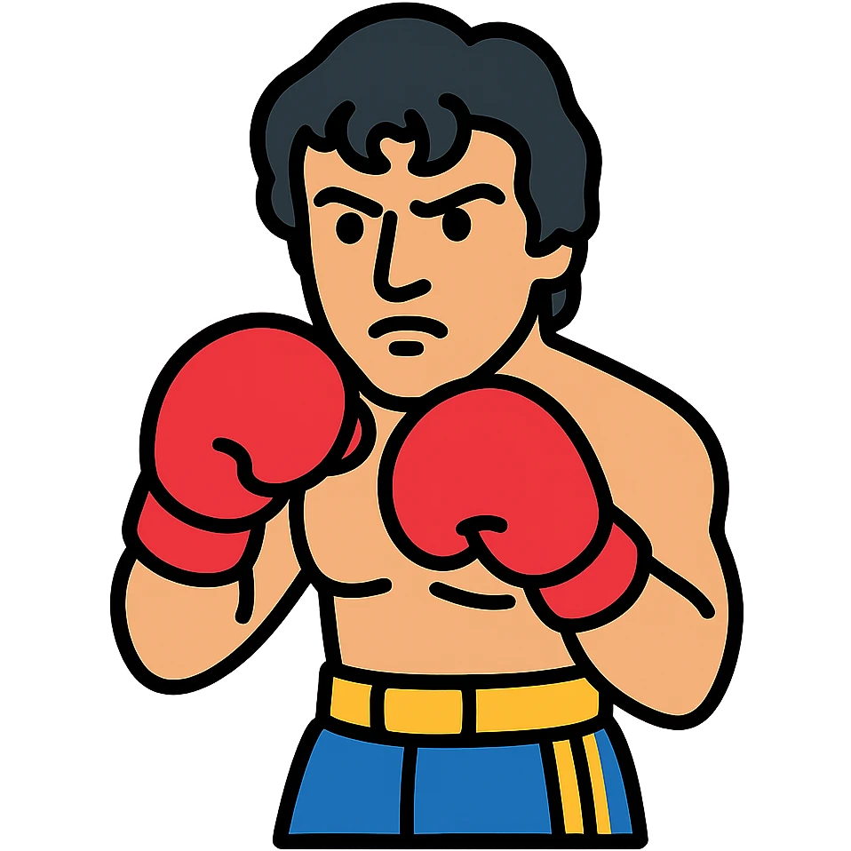 Rocky Balboa inspired by Sylvester Stallone, in boxing stance, red gloves, determined look, stylized illustration emoji