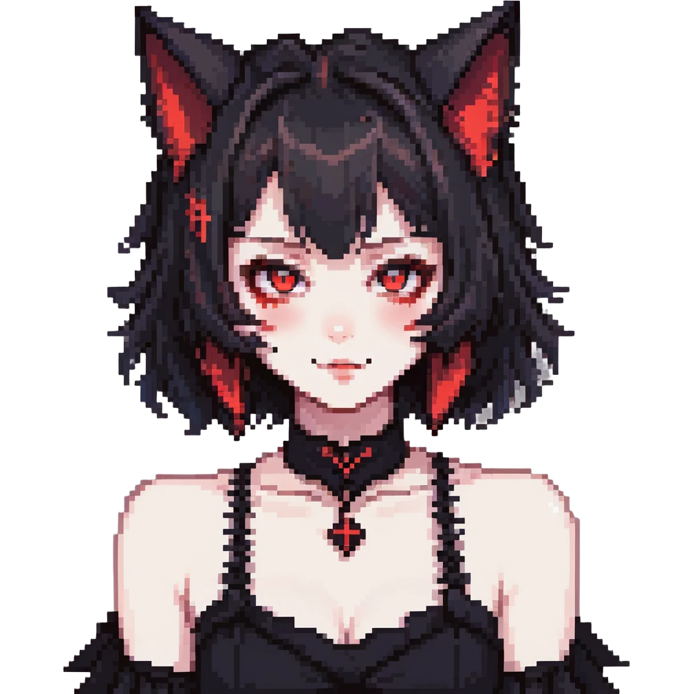 neko anime girl emoji, gothic black dress, glowing red eyes, fanged smirk, pale skin, cat ears, dark vibe emoji