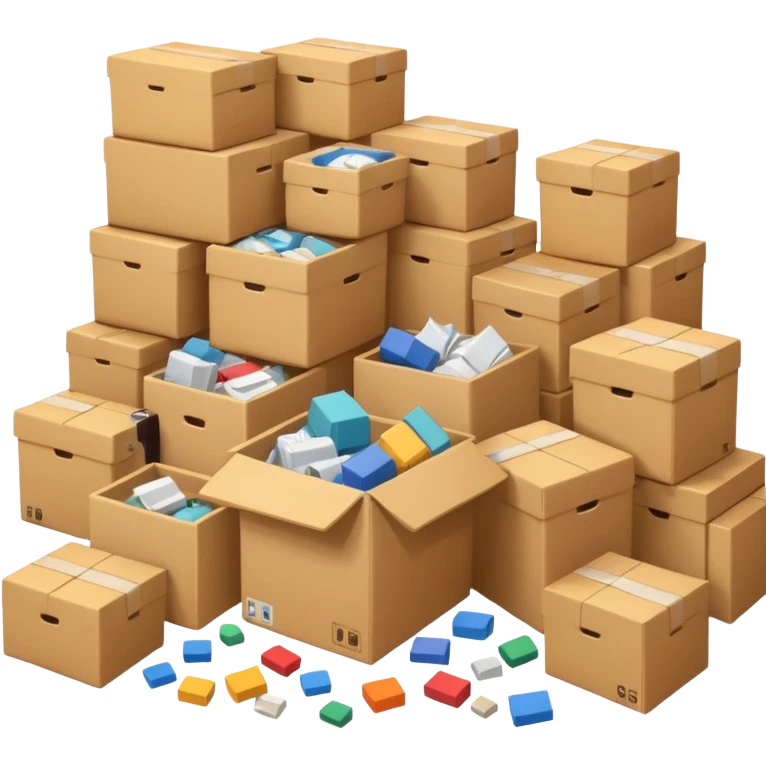 Generate a realistic emoji-style of a overfilled storage room where the packages dont have much space and everything seems chaotic emoji
