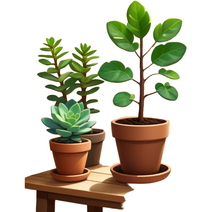 Close-up of a potted sapling in rich soil surrounded by vibrant plants and succulents. Bright sunlight filters through the window, casting soft shadows. Nearby gardening tools rest on a wooden table. Cozy indoor atmosphere with greenery and flowers. emoji