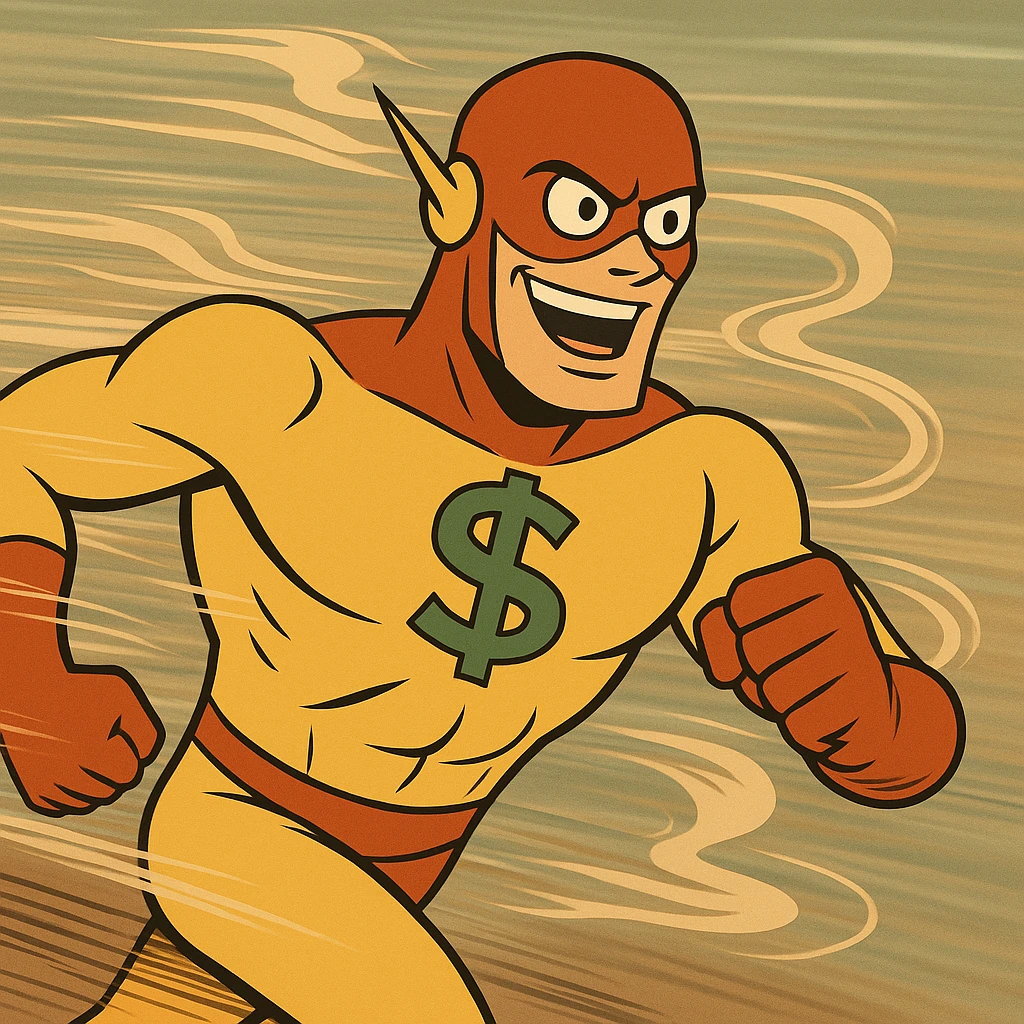 Depict the superhero in a running pose with exaggerated speed lines, blurred background, and dynamic wind effects to emphasize velocity. The dollar sign should remain clear and distinct. emoji