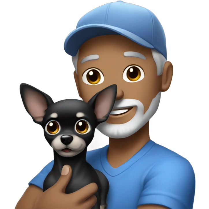 blue eyed man, with grey hair and grey goatee, wearing ball cap, holding long hair black chihuahua emoji