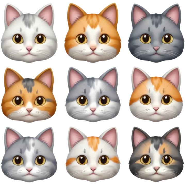 6 realistic looking cats with different natural coloured coats, assorted grey and white, greys, calico colours etc
 emoji