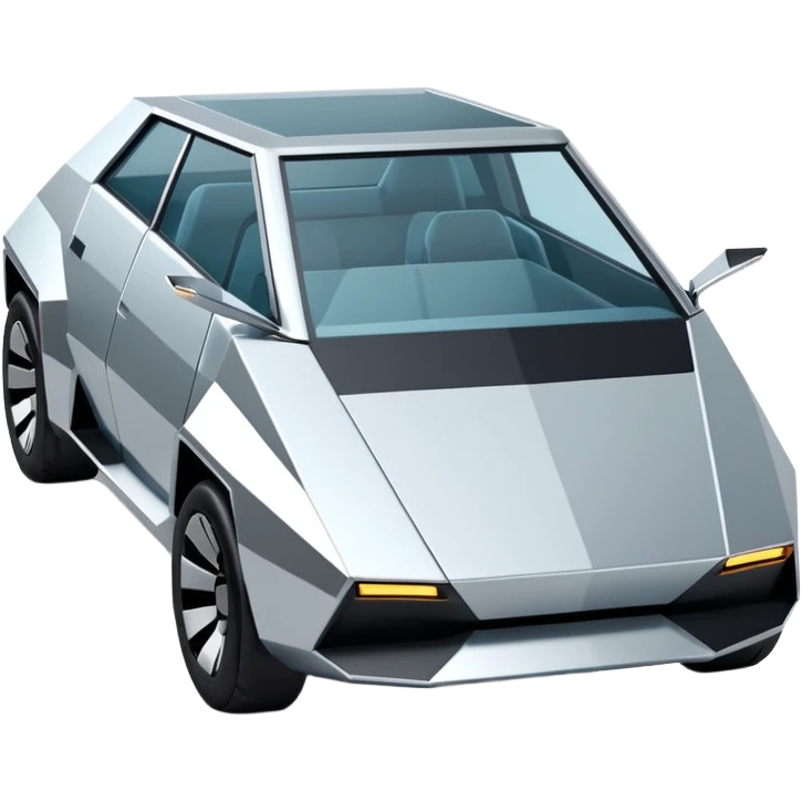 A futuristic chrome car emoji, sharp geometric body design inspired by cybertruck aesthetics, smooth silver metallic surface, matte and glossy chrome mix, minimal details, soft reflections, clean edges, iOS emoji style, centered, clean white background, soft studio lighting, no text emoji