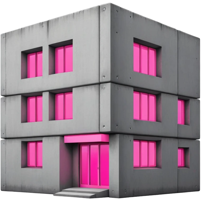 brutalist gray concrete block building with one neon pink window and several regular windows emoji