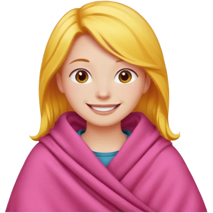 happy smile emoji red cheeks in pink blanket dark yellow hair emoji