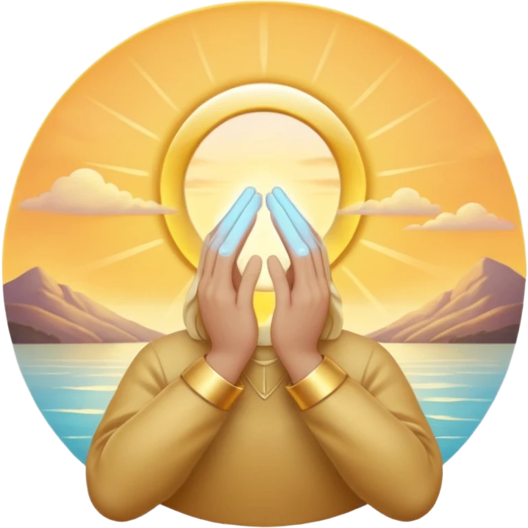 glowing sunrise emoji with spiritual symbols like subtle halo or aura, hands in prayer, tranquil uplifting atmosphere, soft gold and pastel tones emoji
