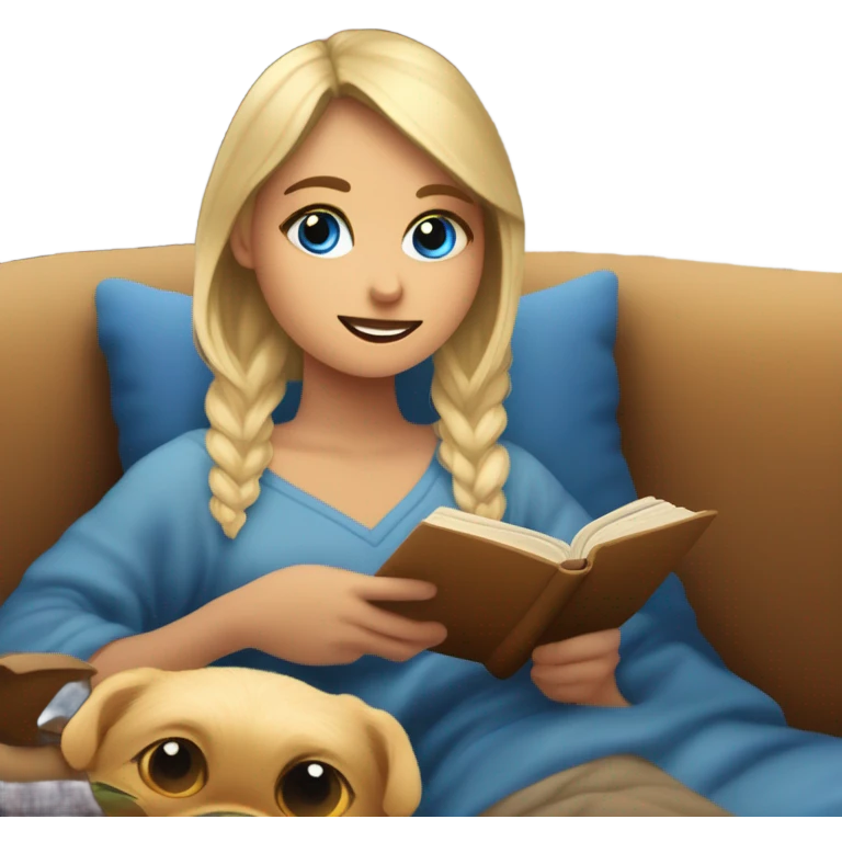 Chica rubia de ojos azules en un sofá tapada con una manta marrón mientras lee un libro emoji