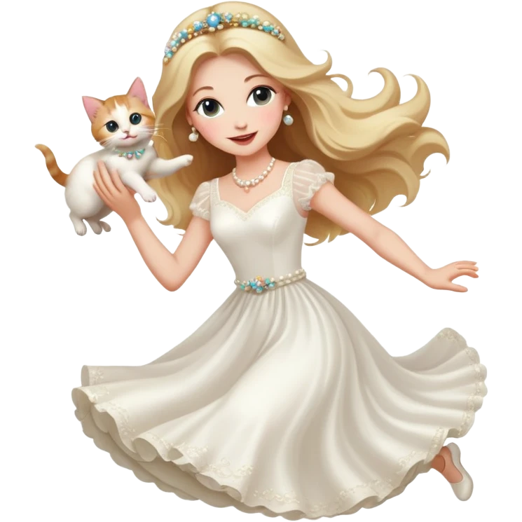 White woman - long hair - white wedding dress - holding a kitten - happy - jumping - fashionable - elegant - bouquet - dreamy - colorful - pearl accessories emoji