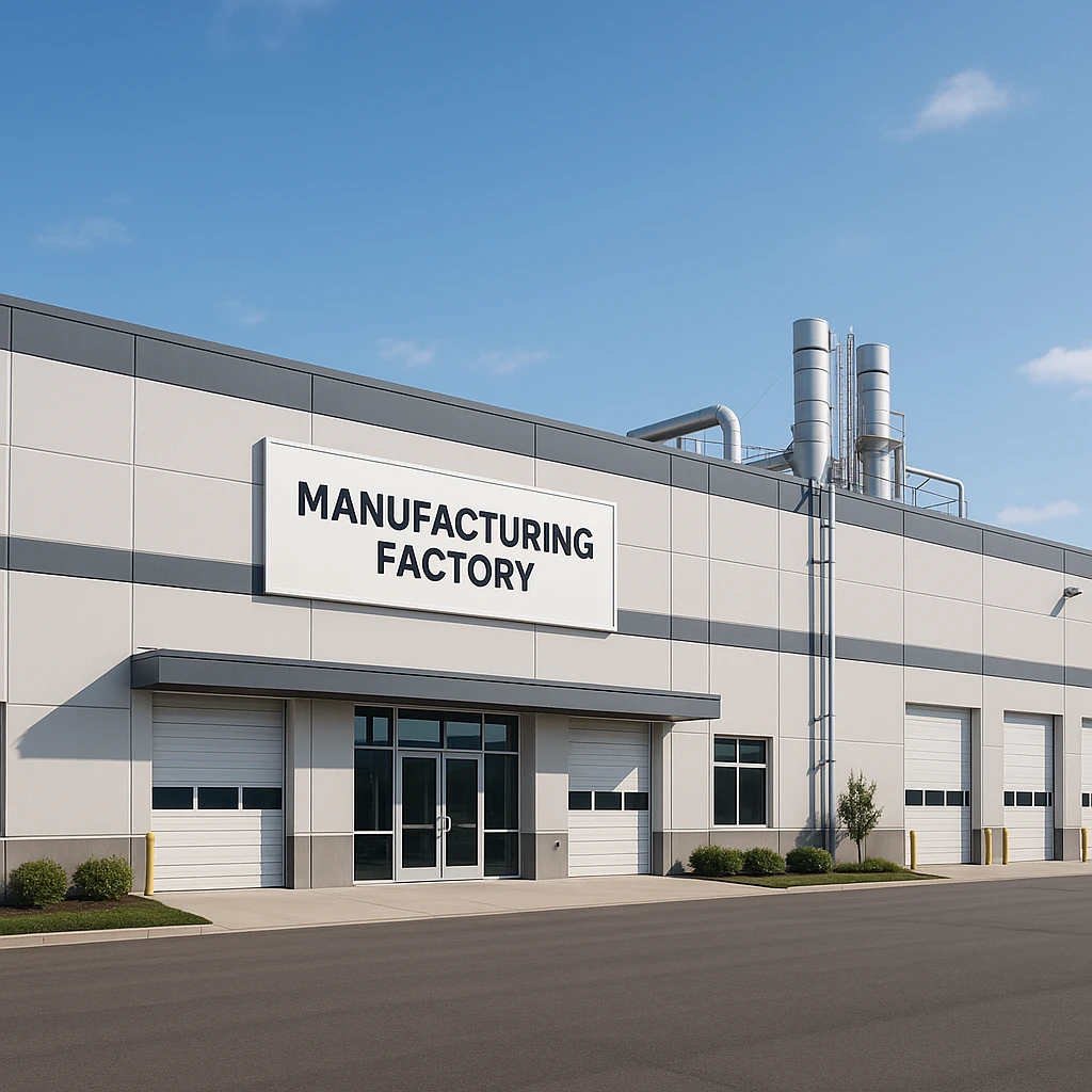 exterior view of a modern manufacturing factory, large building, industrial architecture, clear sky, clean and organized, suitable for branding emoji
