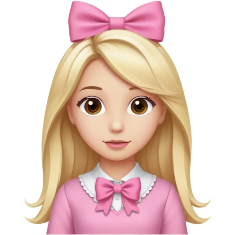 Create a custom emoji of a coquette-style girl with long blonde hair, brown eyes, fair skin, wearing a pink outfit with a cute bow in her hair. emoji