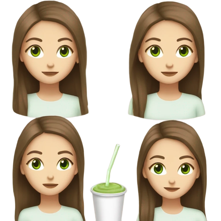 White girl with open brown hair and green eyes drinking matcha  emoji