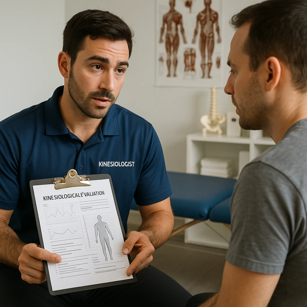 realistic kinesiologist discussing kinesiological evaluation results with a patient in a clinical environment, professional details, inspired by reference photo https://attic.sh/r66tucayi7ewfjges2vhulor9bux emoji