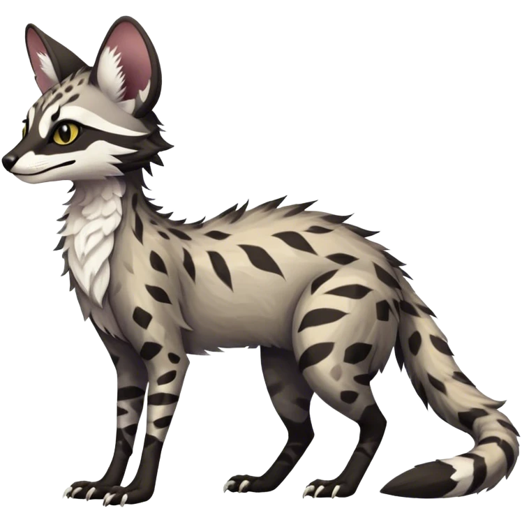 Feral Rare Fantasy dark tropical Vernid-Sergal-Genet-Trico-species by LiLaiRa, random markings, tufted tail, tufted ears, full body emoji
