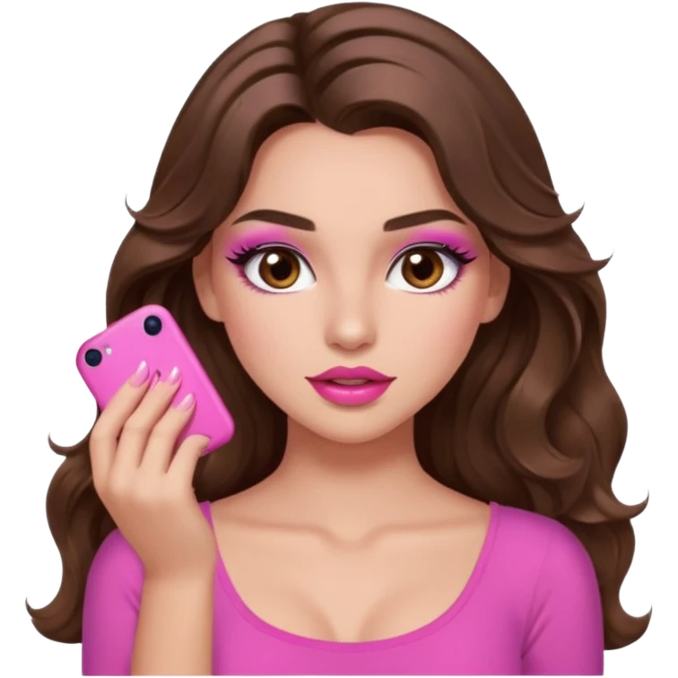 girl with long wavy brown hair, brown eyes, long lashes makeup, sexy pink lips, light to medium complexion, pink sexy top,slapping emoji