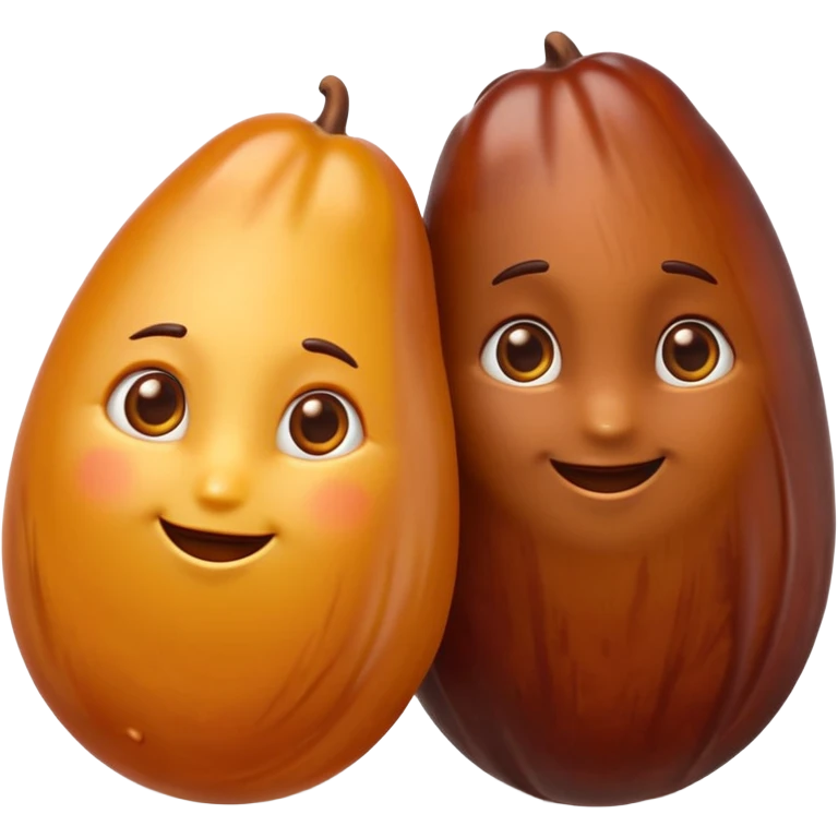 two or three whole dates, glossy brown skin, slightly wrinkled, plump and soft, natural shape and color variation from deep amber to mahogany, clustered together, no plate or extra elements, no faces, clean 3D, soft shadows, emoji scale emoji