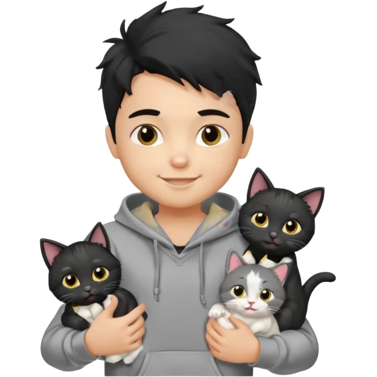 generate a pretty fair bratz boy with black messy hair holding 3 cats.  Wearing a grey hoodie emoji