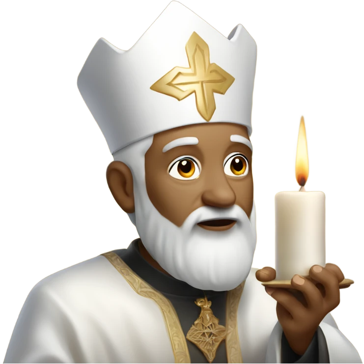 White priest with oratorical floats and hat, who is trying to lit up a candle. The priest is around 55 years old and has not beard.  emoji