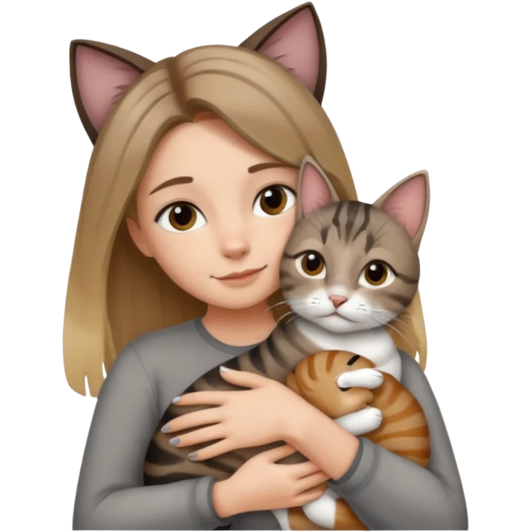 Une femme avec les cheveux dégradée, brun et blond, qui fait un câlin à son chat gris, tigré avec les extrémités que pattes pointe d’oreilles noires et le dessous du menton blanc la fille n’a pas d’oreilles, il n’y a qu’un seul chat emoji