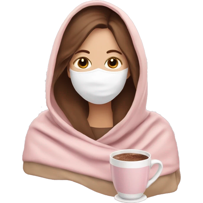 white woman with brown hair with face mask inside a baby pink to beige blanket sipping hot chocolate  emoji