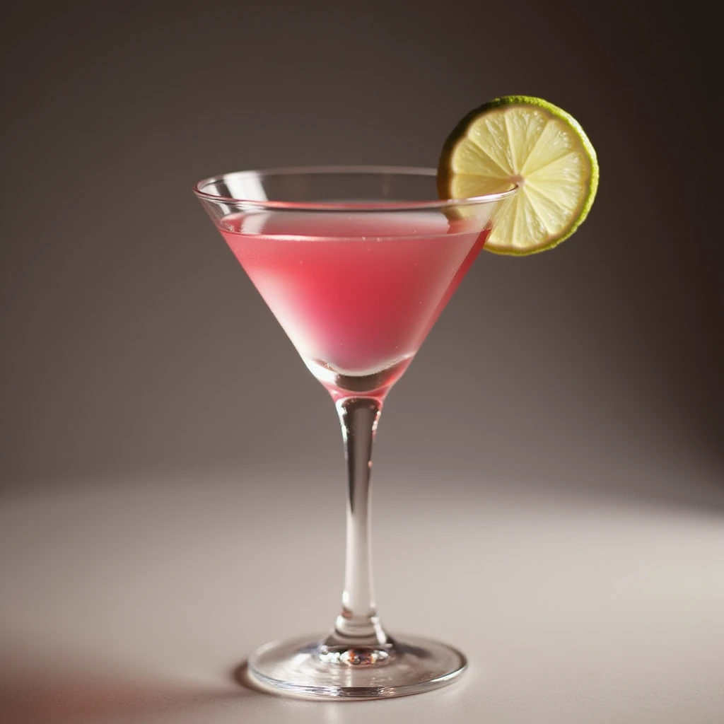 realistic cosmopolitan cocktail, pink drink in martini glass with lime wheel garnish, photorealistic style emoji