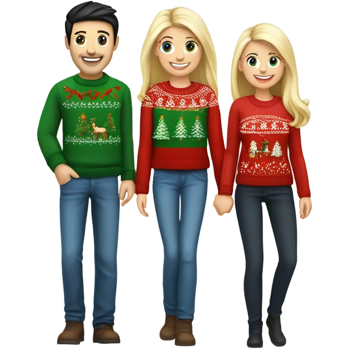 Happy white couple wearing Christmas jumper and blue jeans, man with black hair, woman blonde long emoji