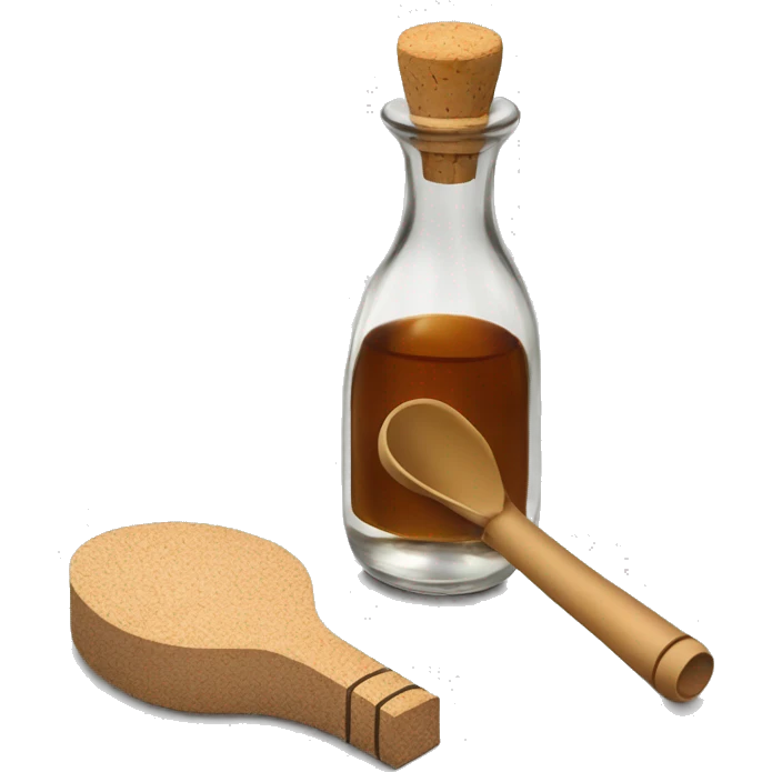 bottle of vinegar with the cork and a nozzle; spoon is laying neat the bottle emoji