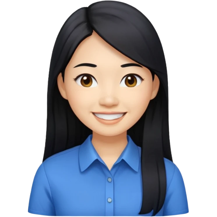 30 yr asian woman light skin long straight black hair big smile blue collared shirt emoji
