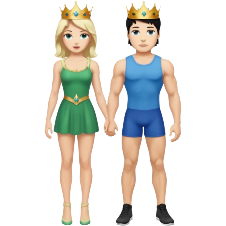 Prince with crown, black hair, body, legst, blue eyes, woman blonde hair, green eyes, sexy white short sleveless dress,  emoji