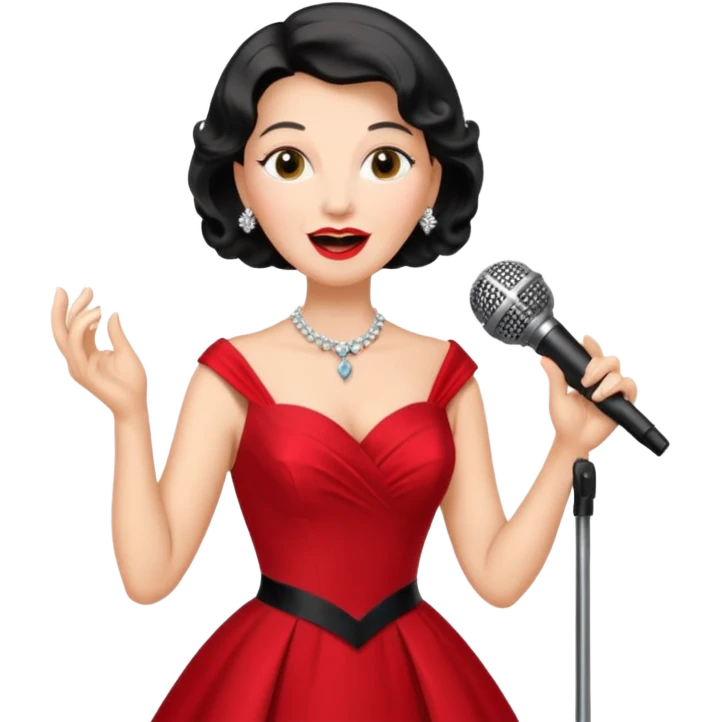 Older woman – elegant gown, 50s, diva, red dress, singing into mic emoji