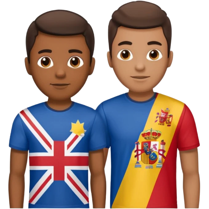 2 male Best buds , one in showing Philipine flag tshirt, one is Spain, in UK flag background emoji