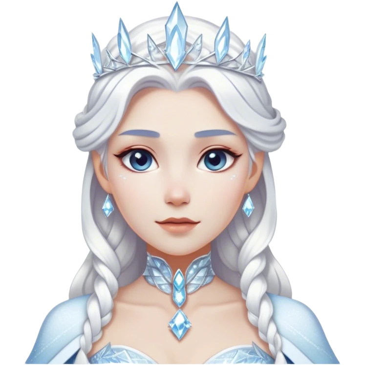 Cinematic Majestic Snow Queen Portrait Emoji, rendered in a clean, vector-style with bold, simplified shapes. Show Elsa with a serene, noble expression, luminous icy skin and gracefully styled platinum hair adorned with subtle crystalline accents, her attire minimal yet majestic. The design radiates a cool, crystalline glow with high shine and a soft glowing outline, embodying timeless, frosty elegance. emoji
