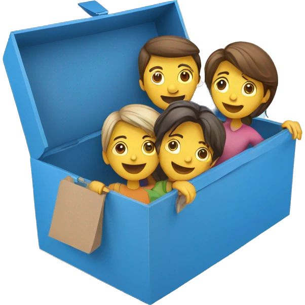 3 people in a blue cardboard box with temperature display emoji