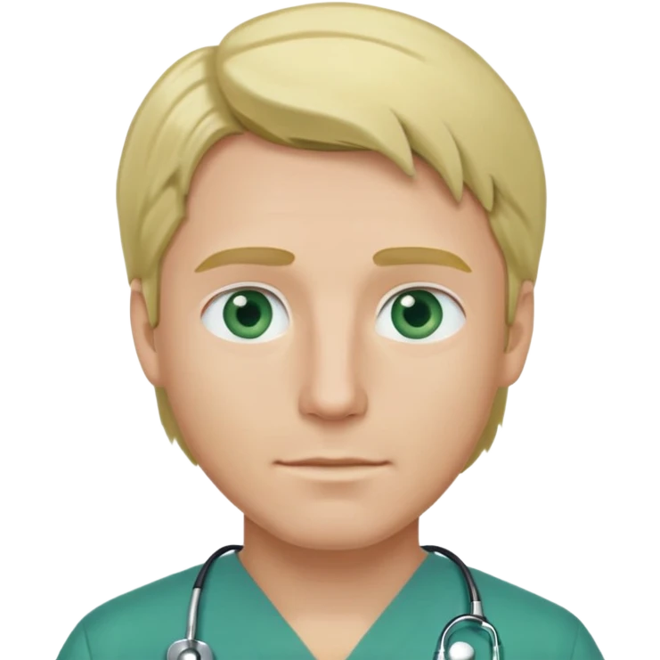a male doctor with green scrubs, blonde hair middle part, blue eyes emoji