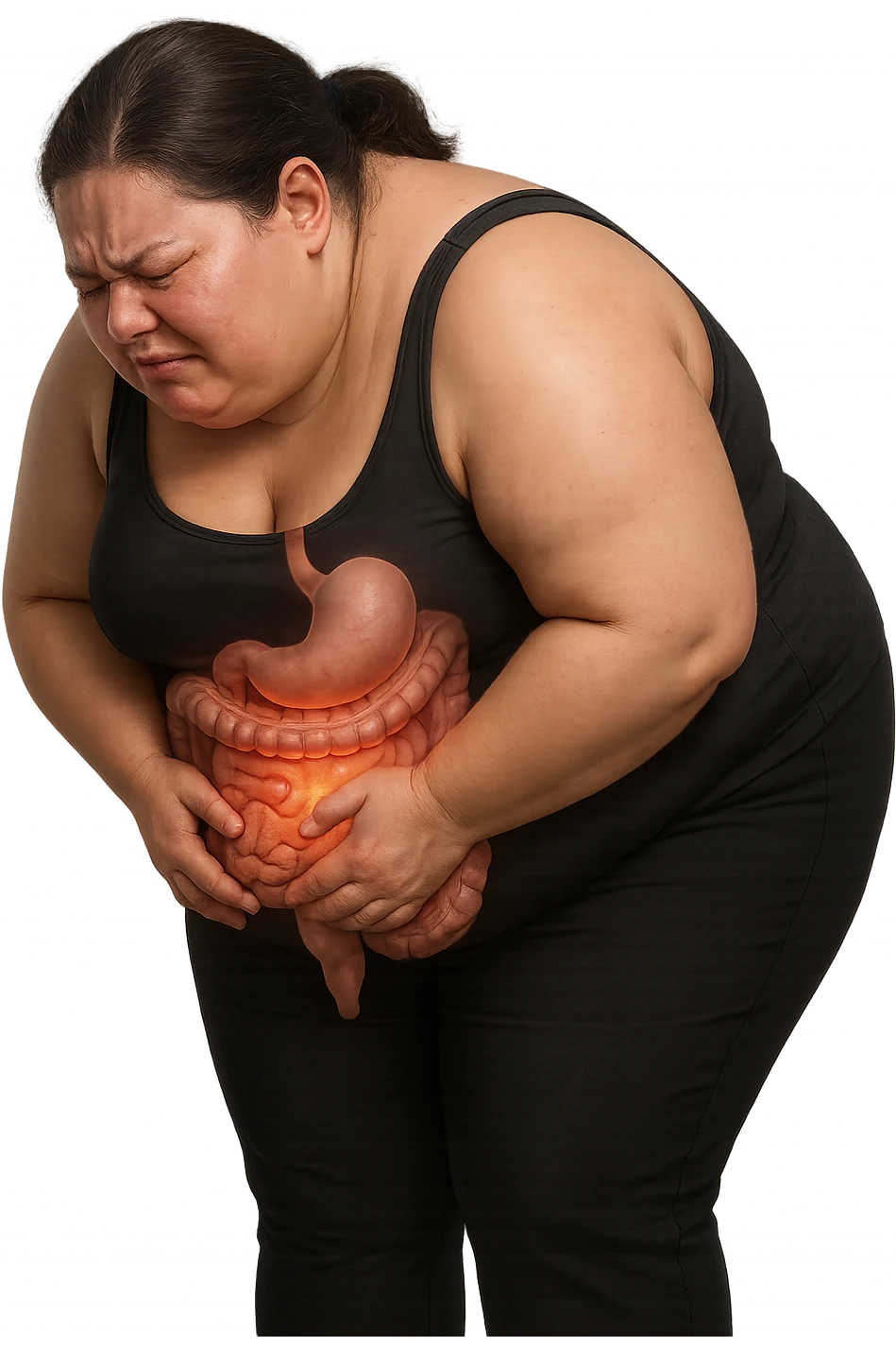 DONNA OBESA PIEGATA IN AVANTI CON INTESTINO ANATOMICO IN EVIDENZA, MAL DI PANCIA iperrealistico 4k emoji
